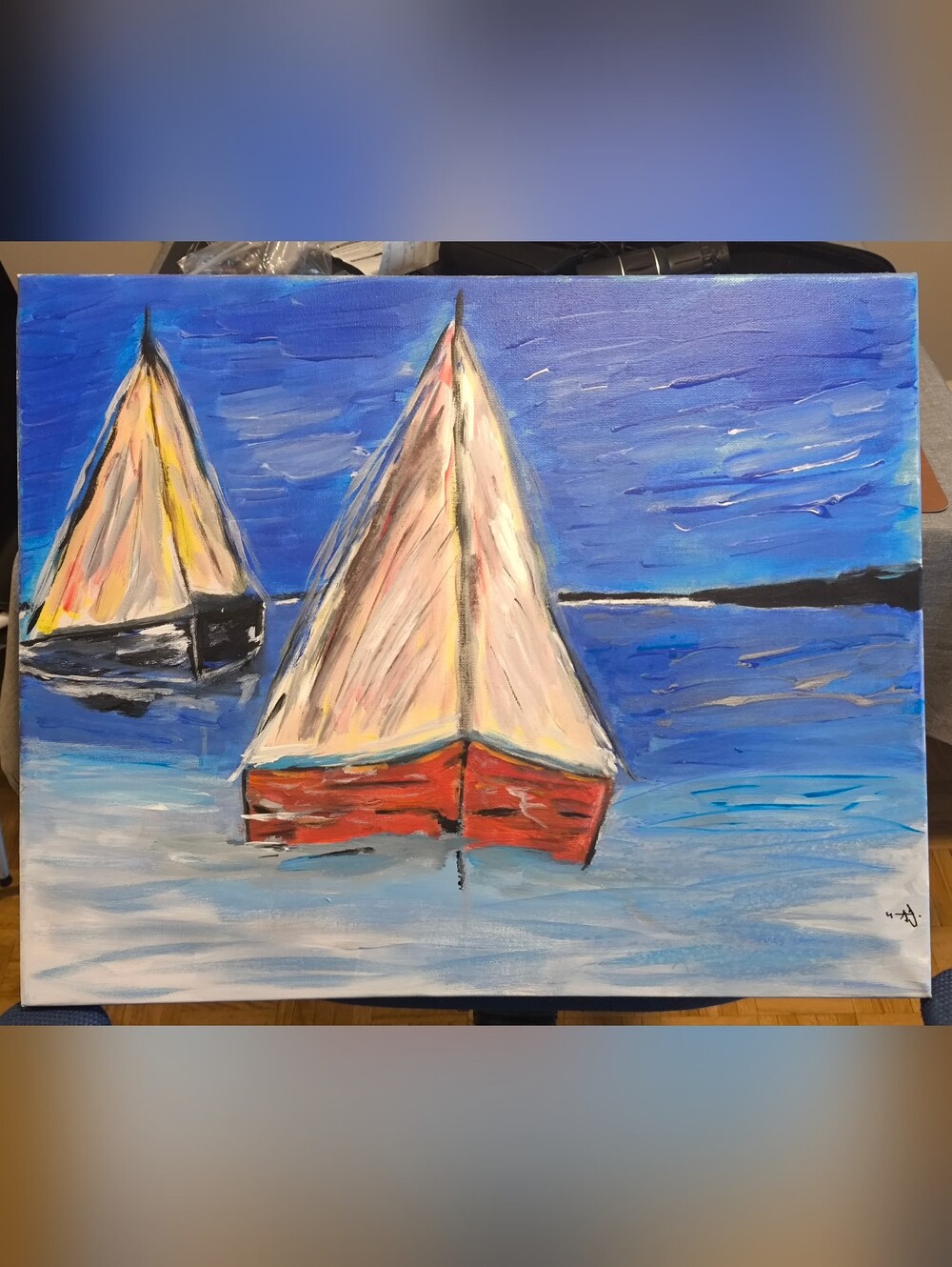 Sailboats on Blue Sea Canvas Wall Art - White, Red, Blue